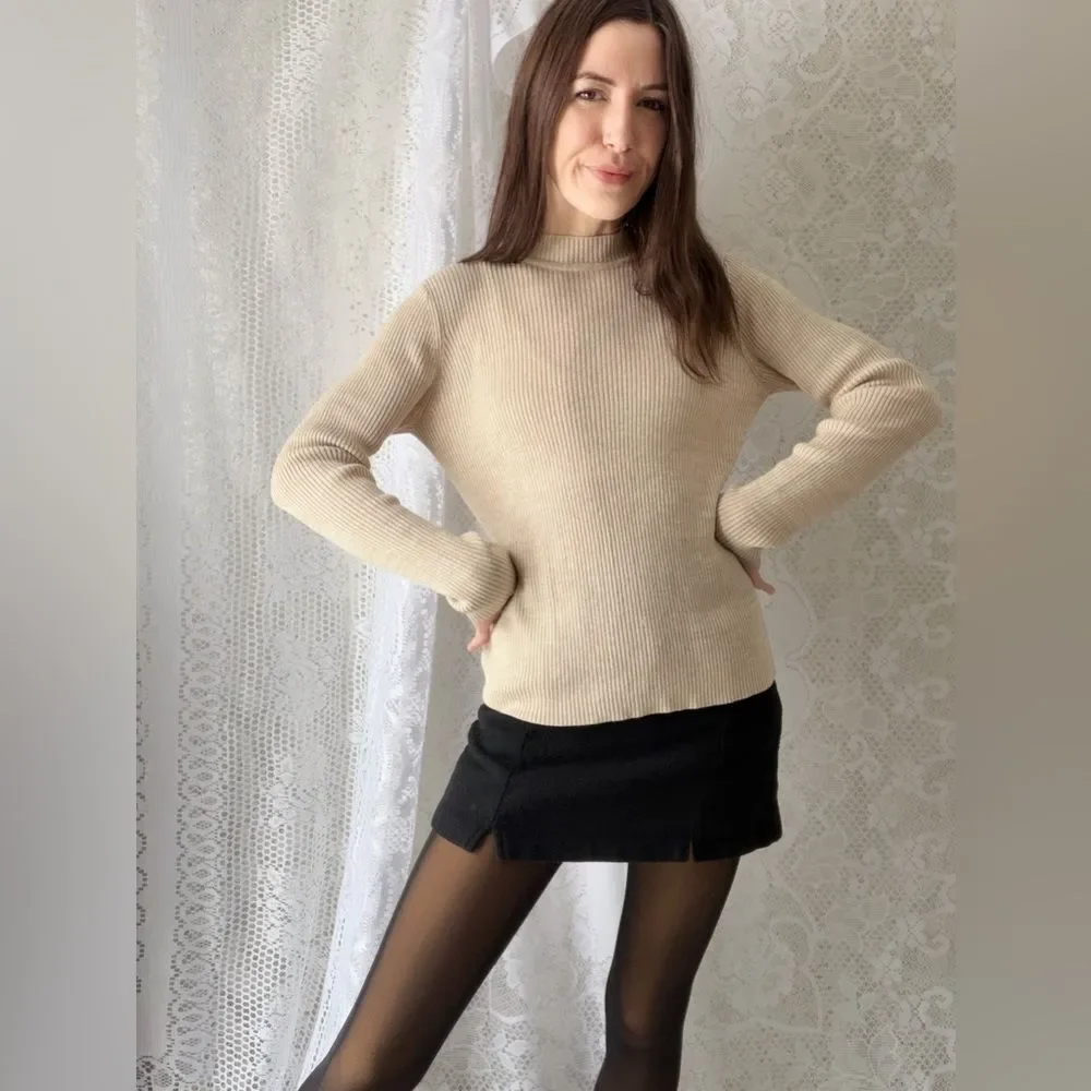 Vintage 90s Ribbed Mock Neck Sweater Sag Harbor Beige - Picture 6 of 12